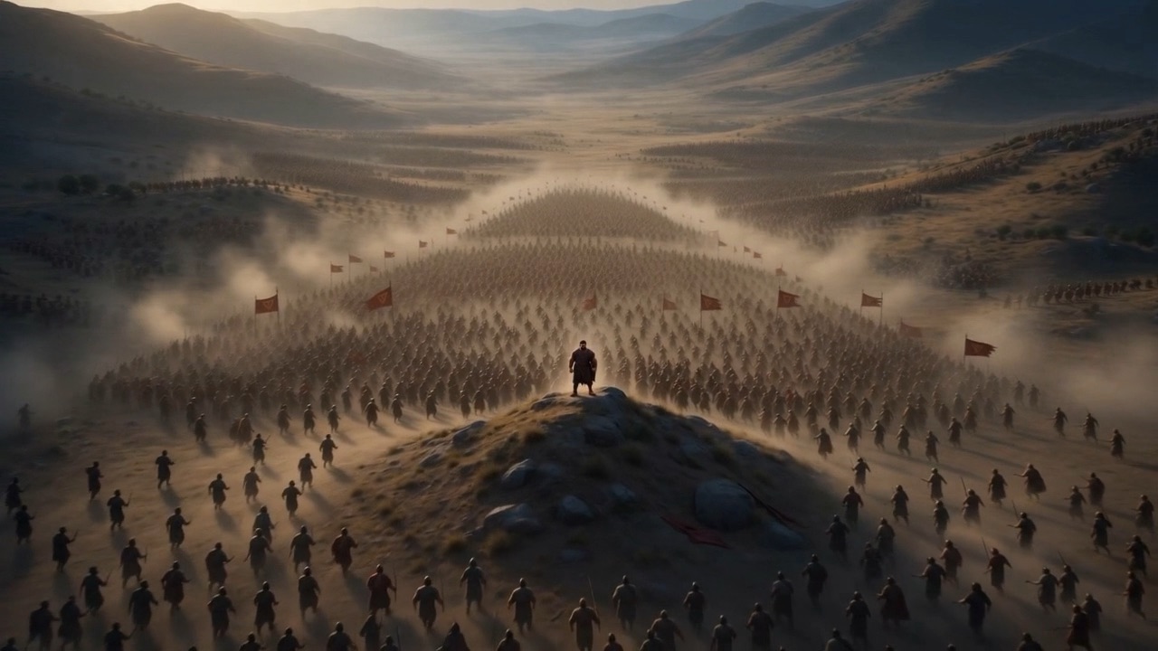 Two armies pouring over a ridge into each other
