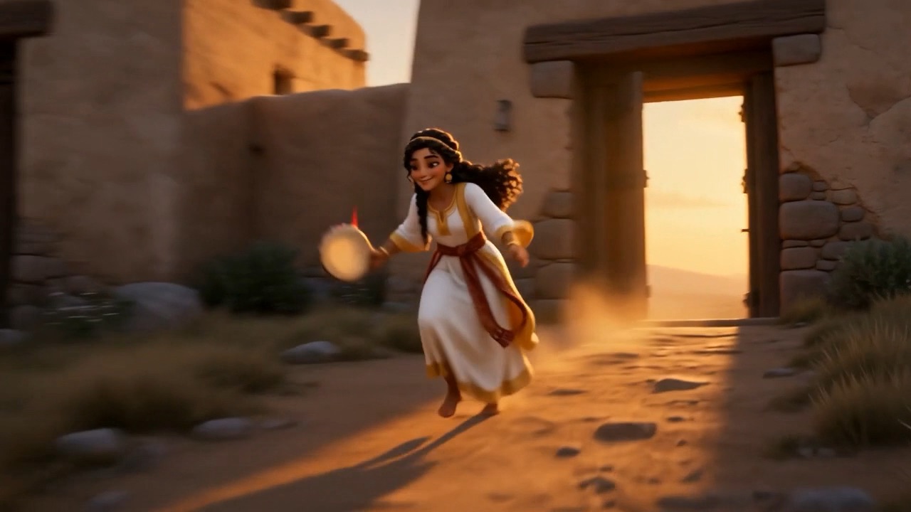 A door opens and a girl runs out with a tambourine