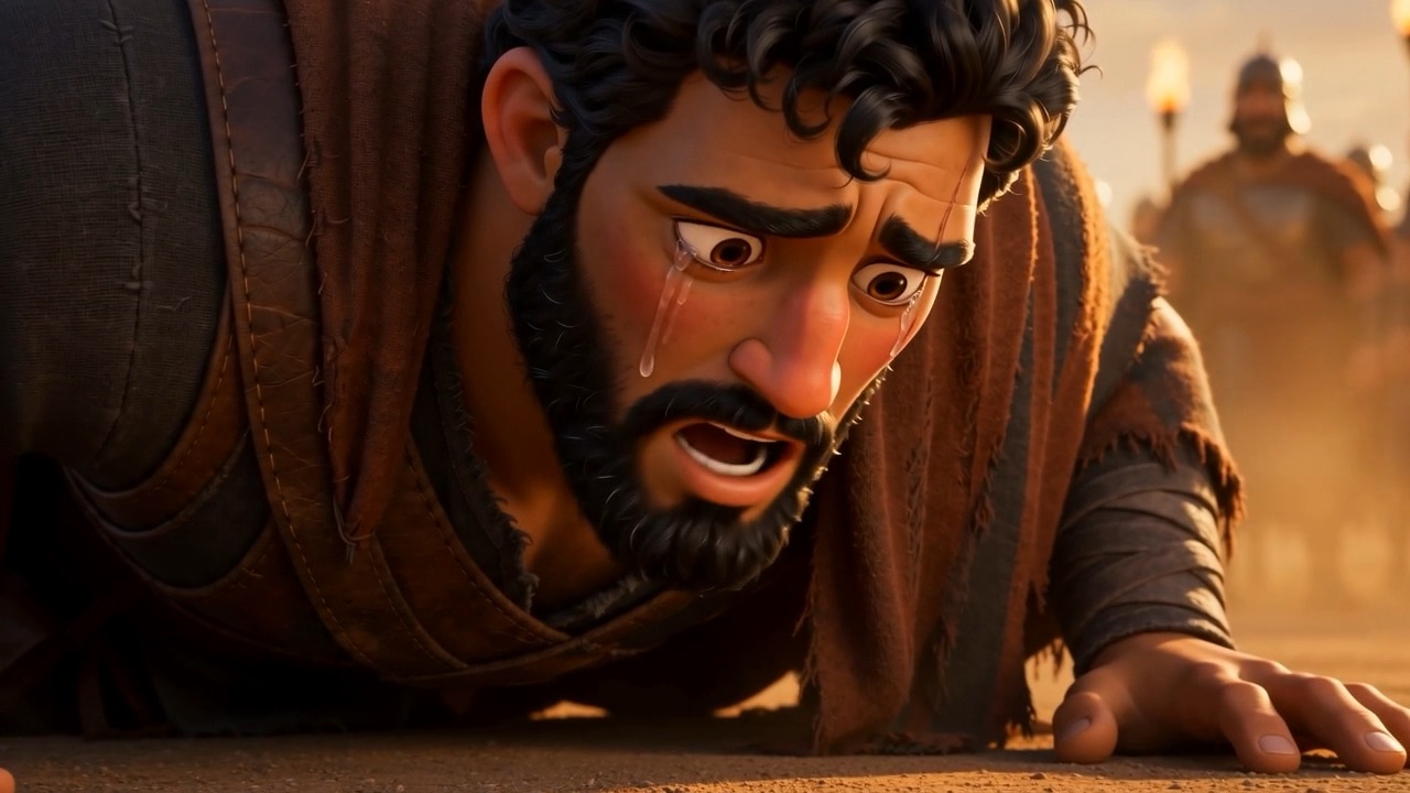 He is off the horse and on his knees in the dust