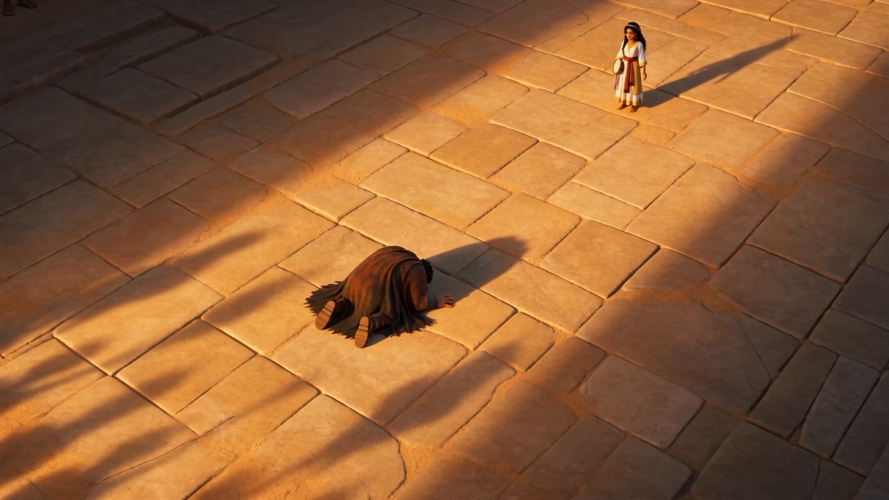 Far above — a girl standing alone on the road