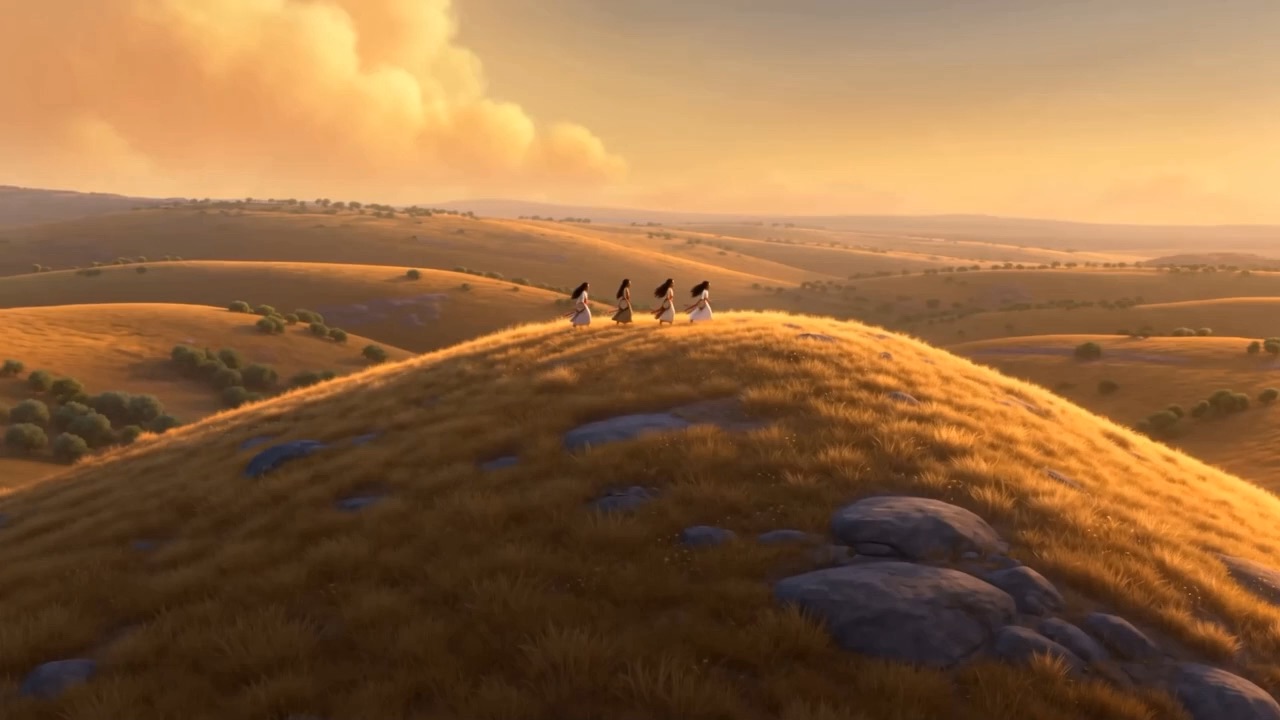 Small figures on a long golden ridge