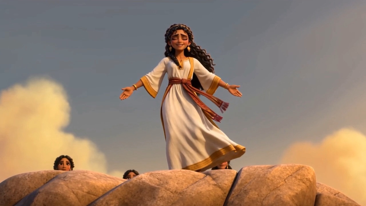 She stands on a rock with her arms out