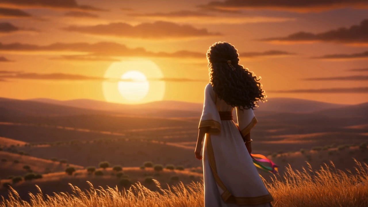 Sunset — she walks back the way she came