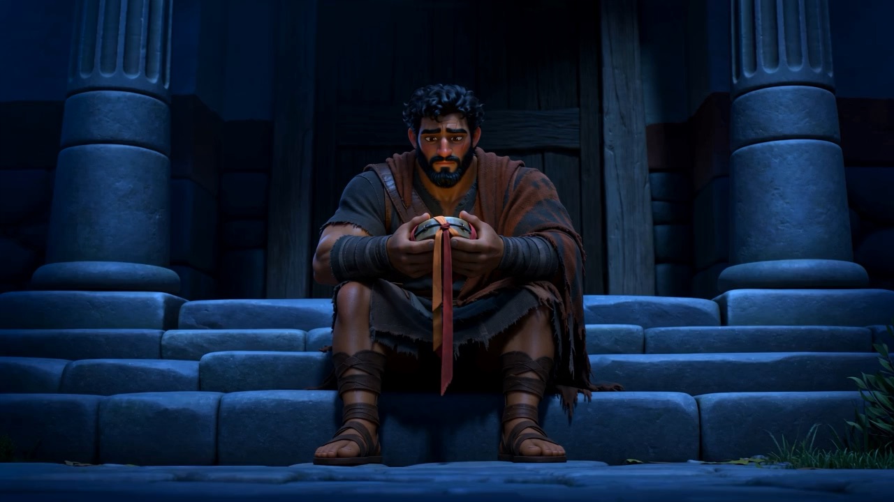 A man sitting alone on stone steps at night