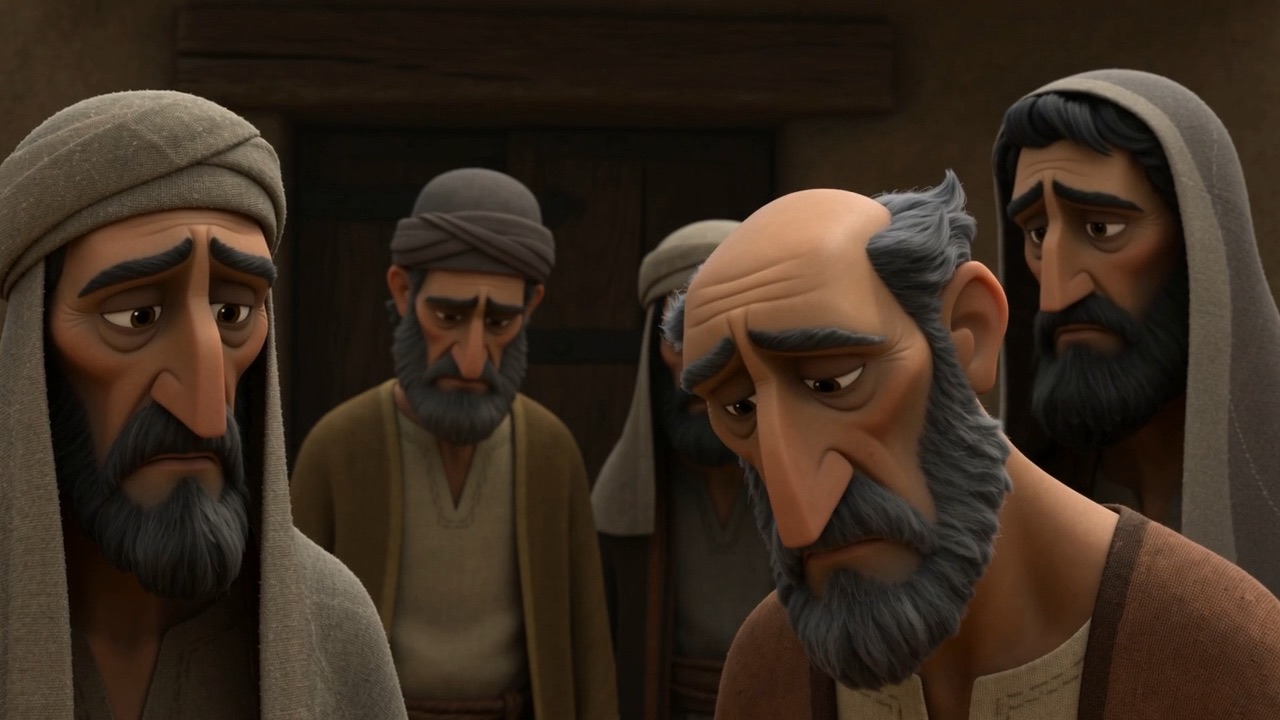 Villagers watch from a doorway and do nothing
