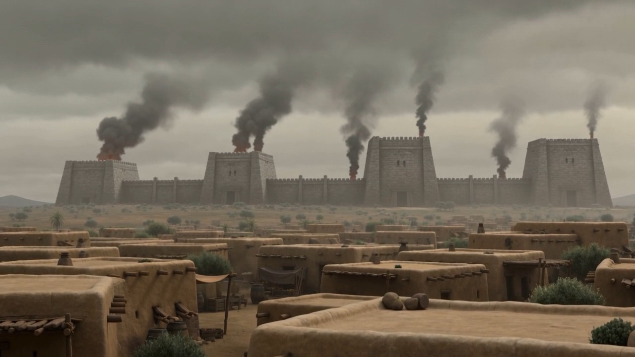 A Philistine garrison smokes on the ridge above the town