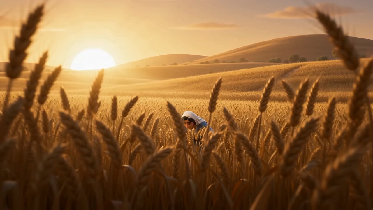 A wheat field at sunrise, one woman working it alone