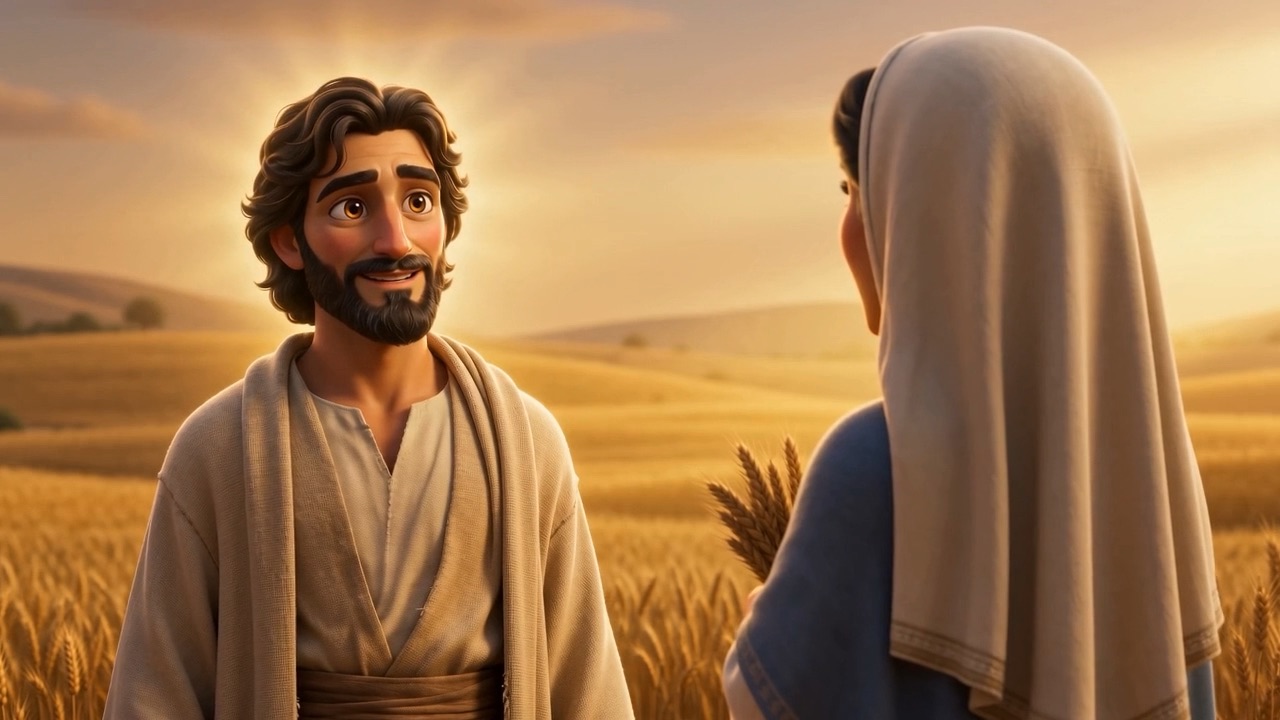 He speaks to her in the gold light
