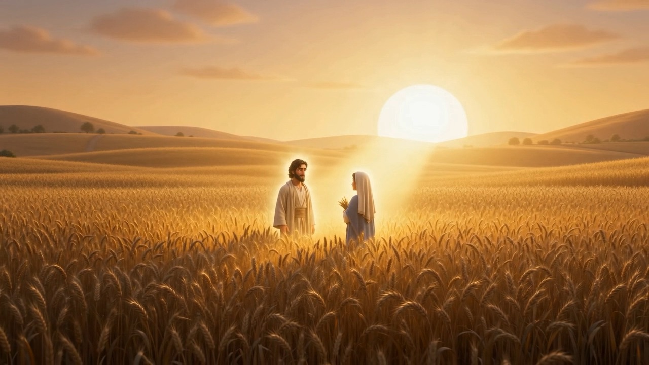 Two small figures in an ocean of wheat