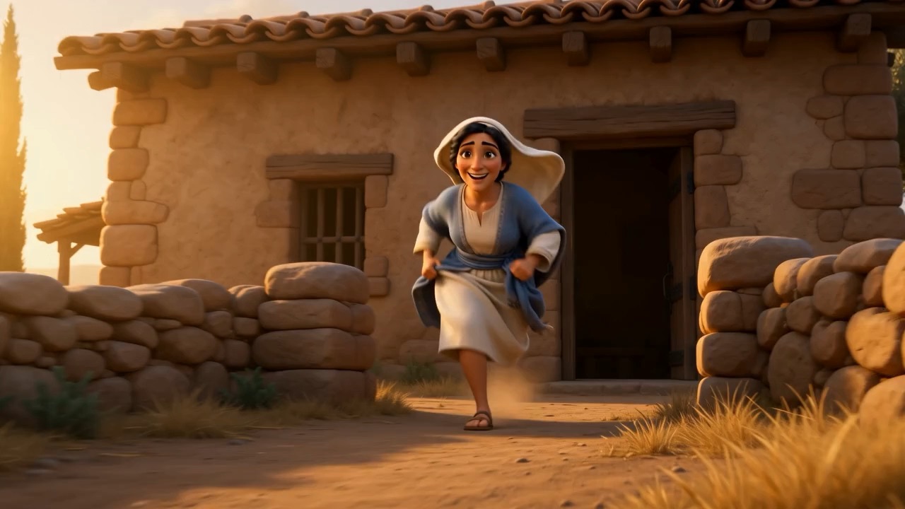 She runs down the hill toward the house