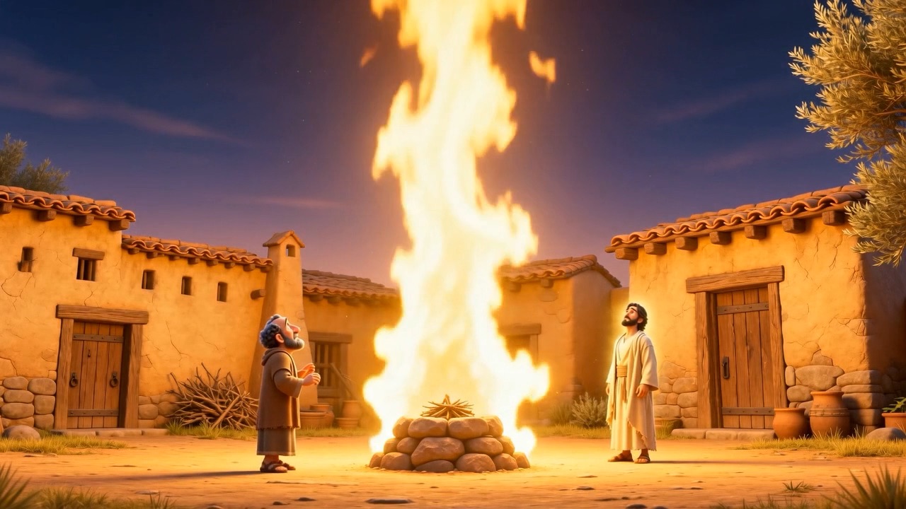 At dusk, a fire is lit on a rough stone altar in the yard