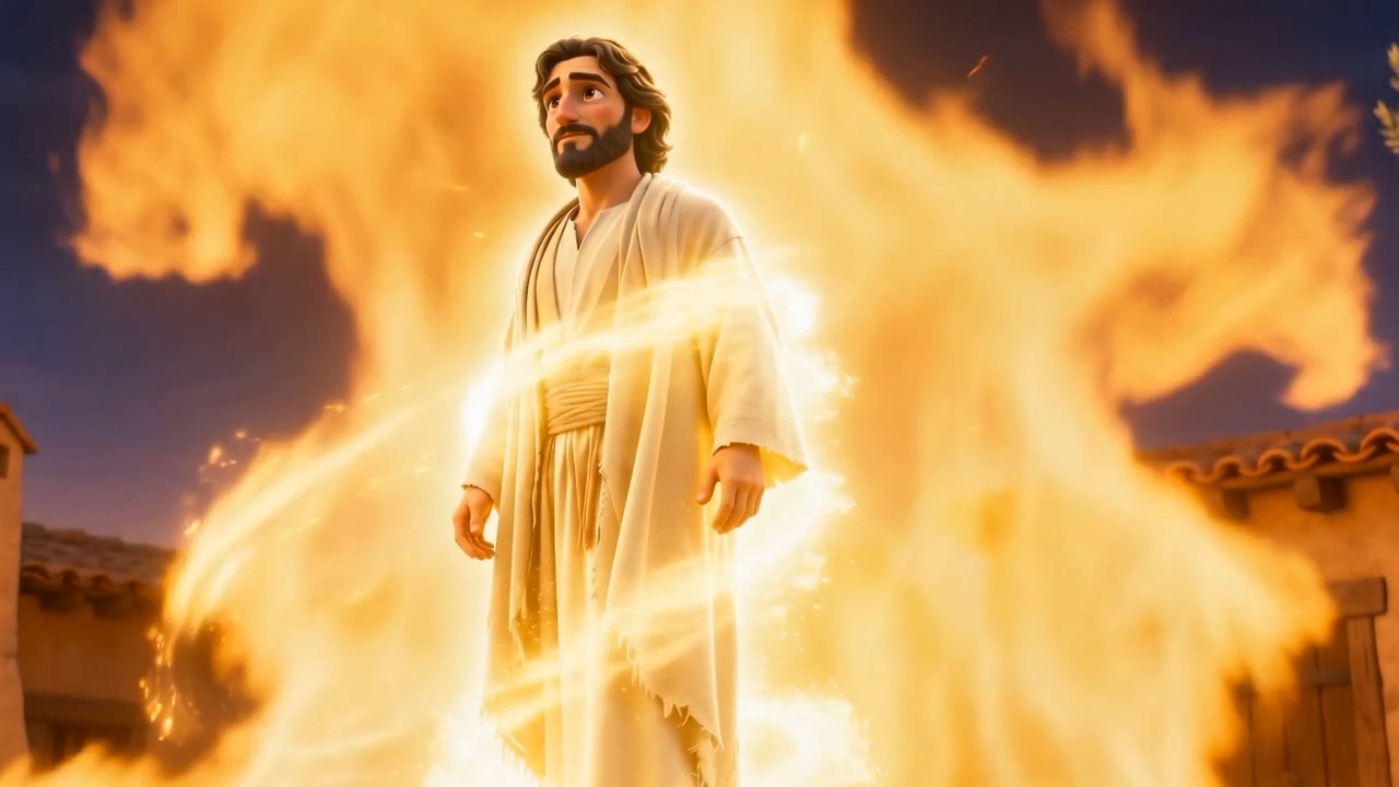 The angel ascends in the fire, robes of flame