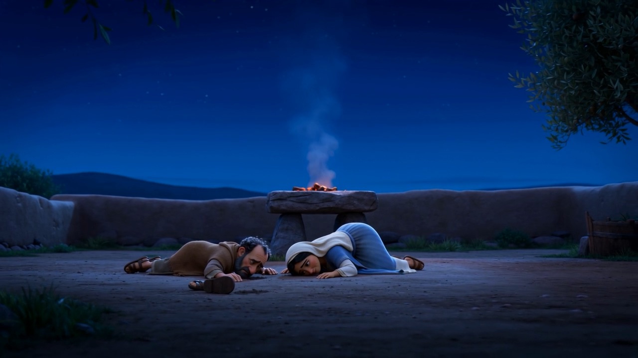 Two people flat on their faces in an empty yard, one small fire burning