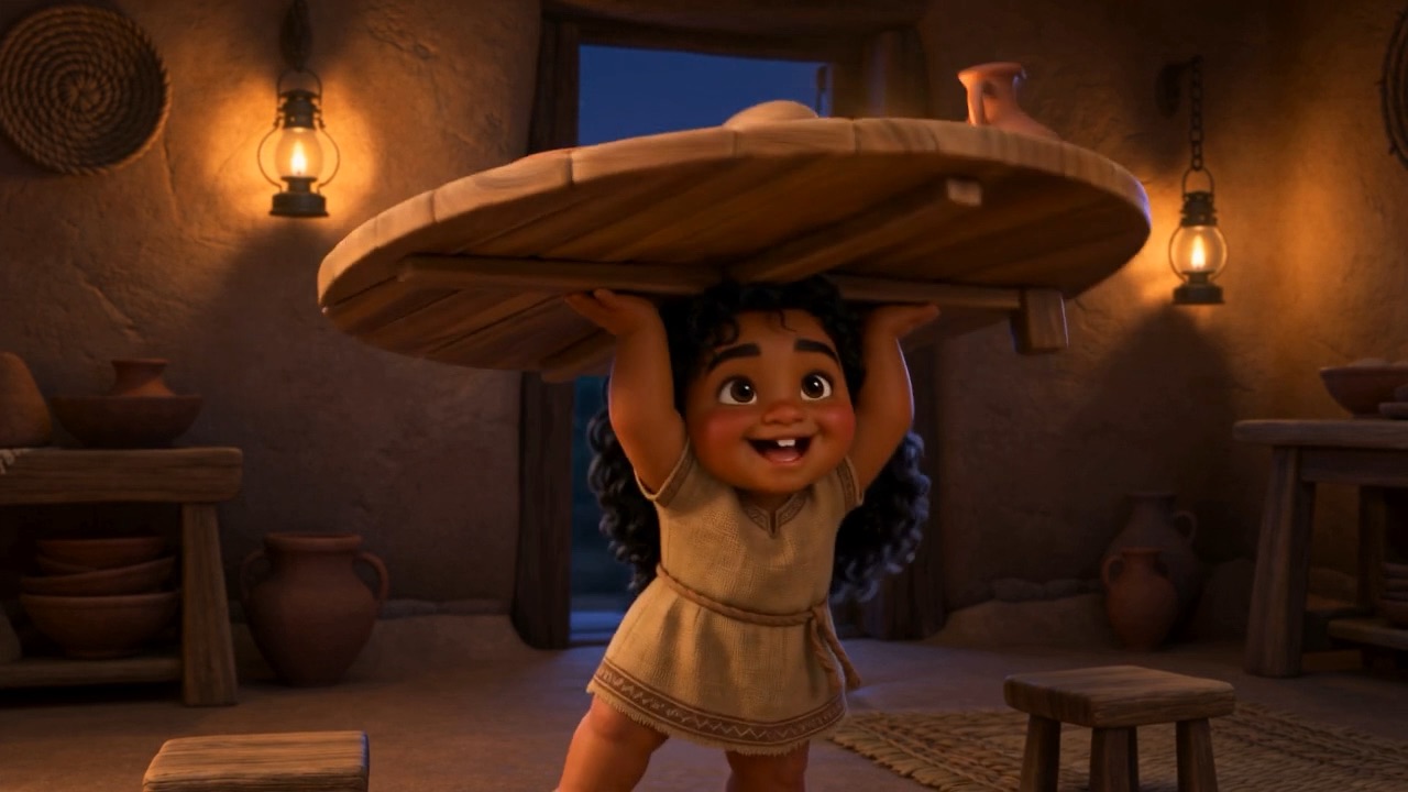 A toddler holds the entire family table over his head