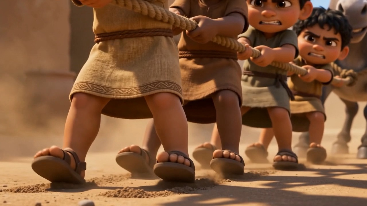 In the street, a line of boys and a donkey heave on a rope