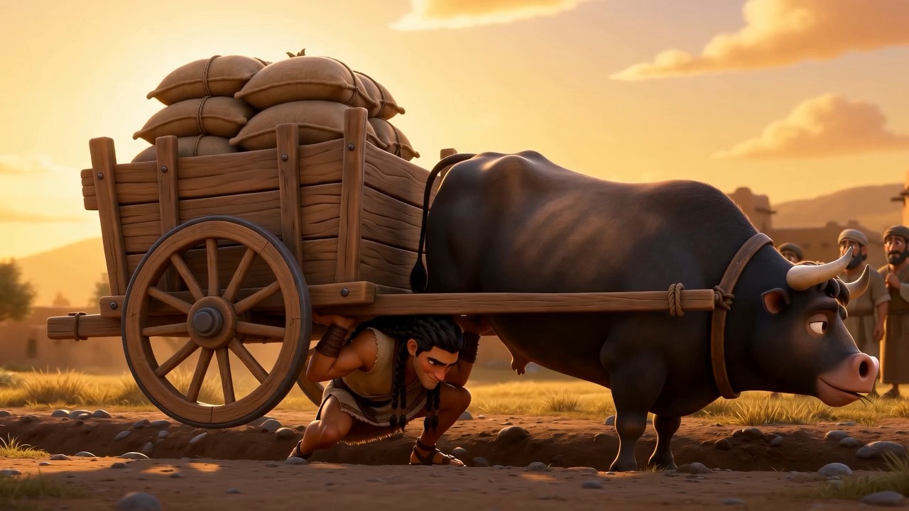 A loaded ox-cart is stuck fast in a rut outside the village
