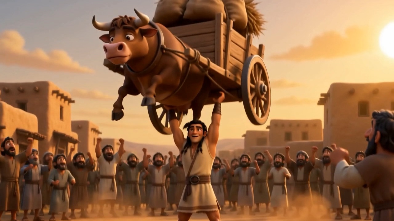 He carries the whole thing overhead down the road