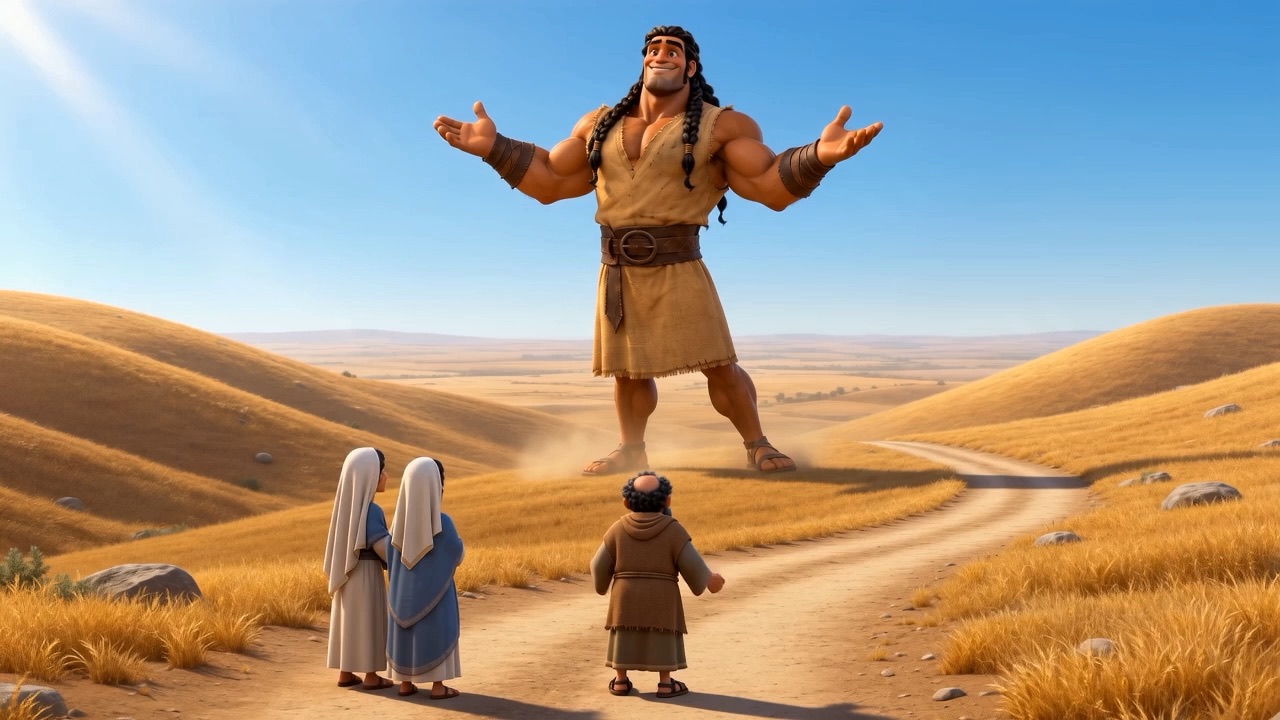 Samson strides ahead down the road, his parents hurrying behind