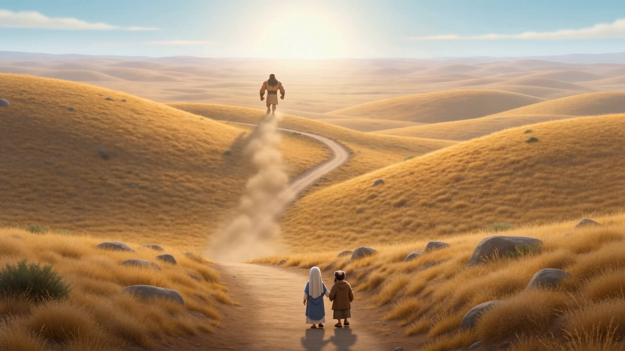 Two small figures far behind one big one on the road