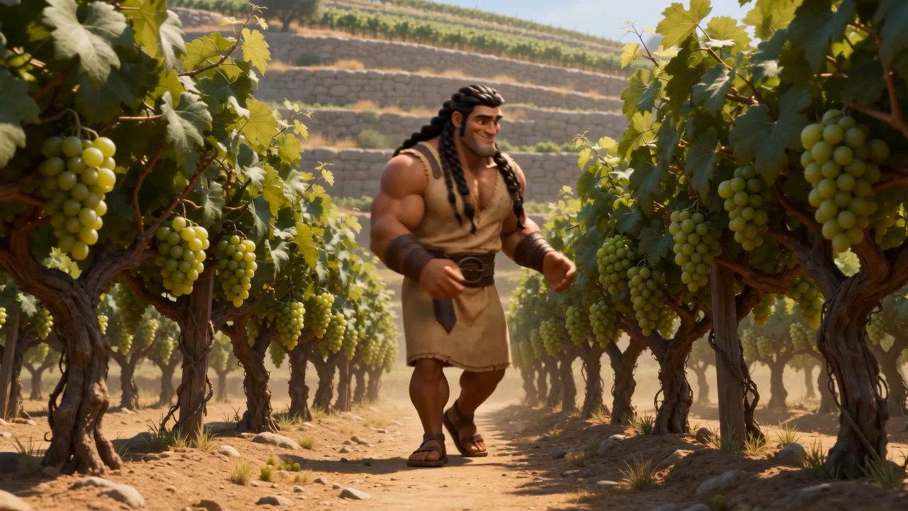 Vine rows run up the hillside toward Timnah