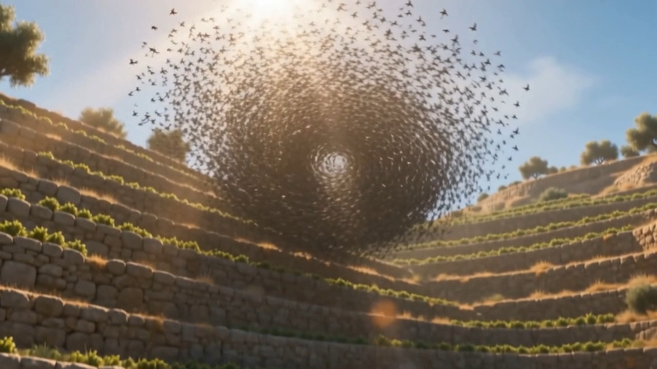 A dark cloud of bees turns above the vineyard