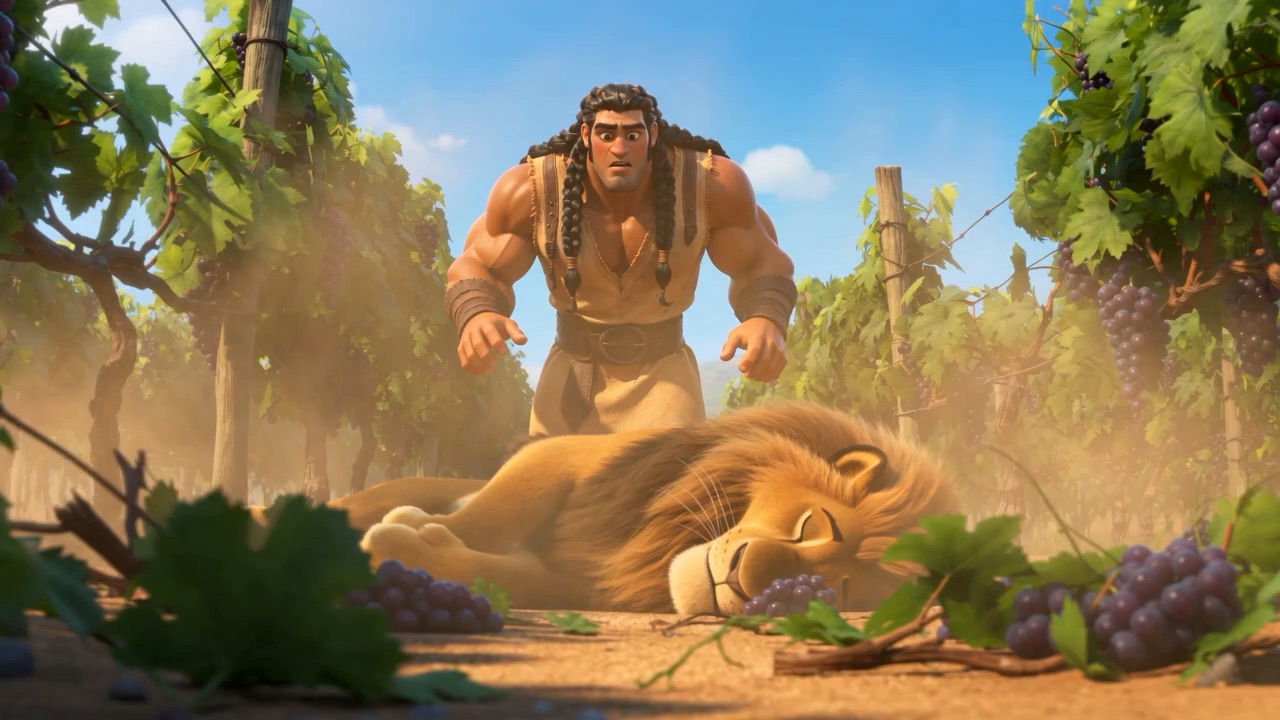 Afterwards: the lion lies still in the vine row behind him