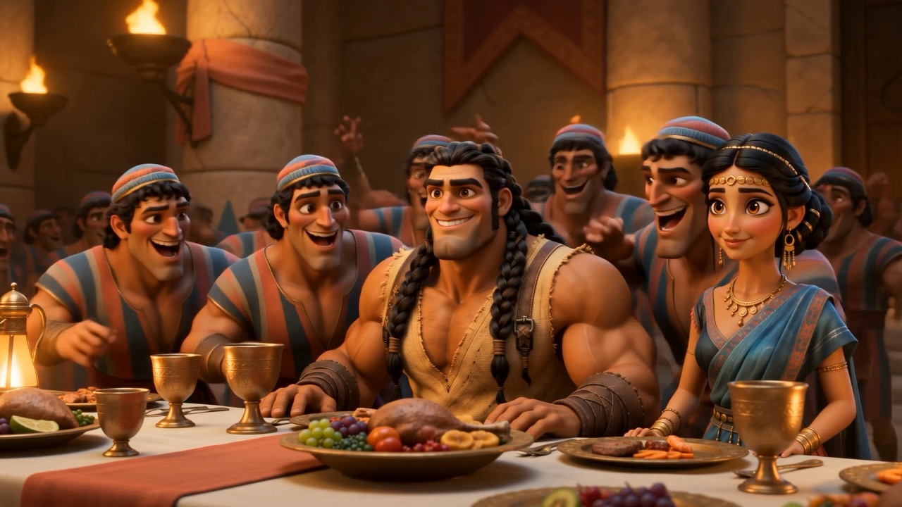 Long tables of Philistine guests at the feast
