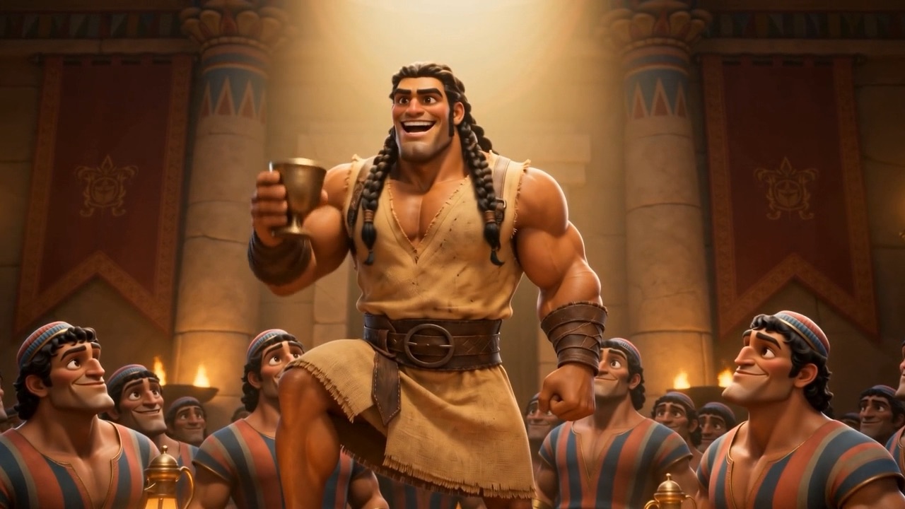 Samson raises his cup, enjoying himself enormously