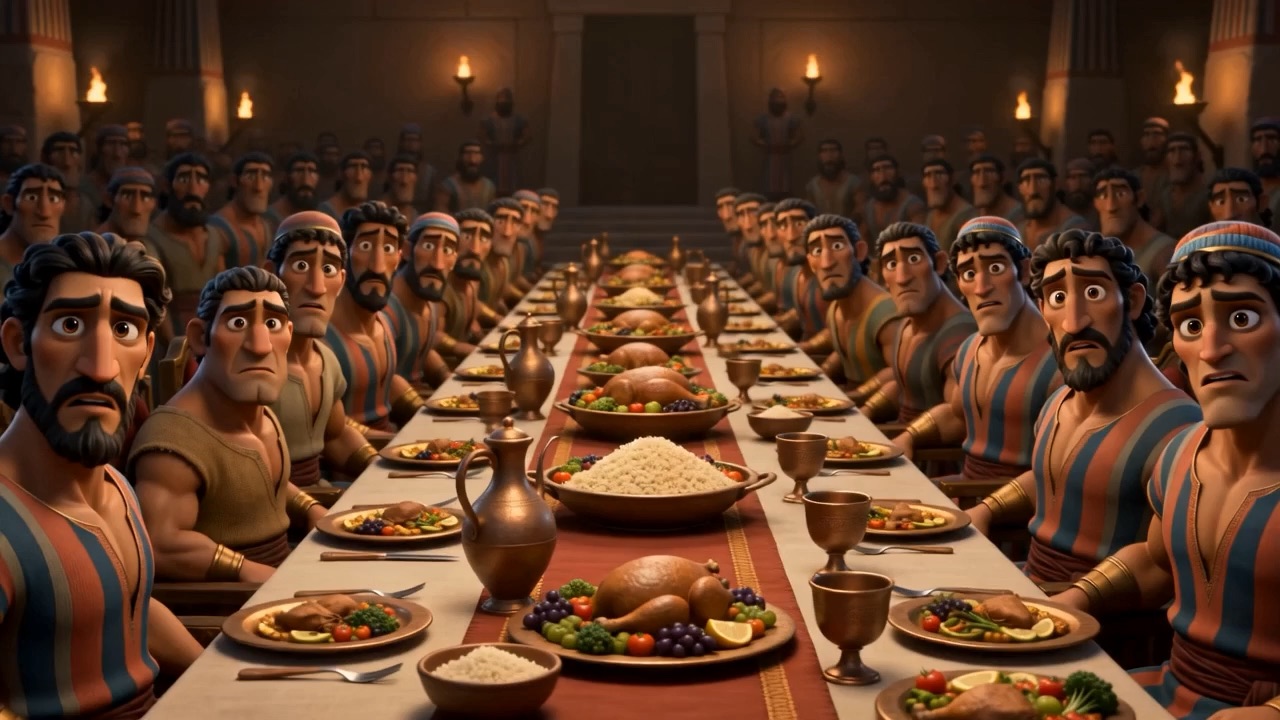 Thirty companions along the tables, listening
