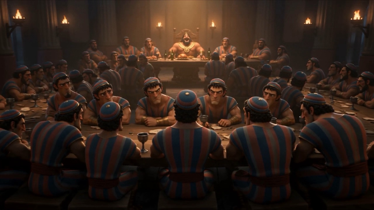 Torchlight and hard faces around the table