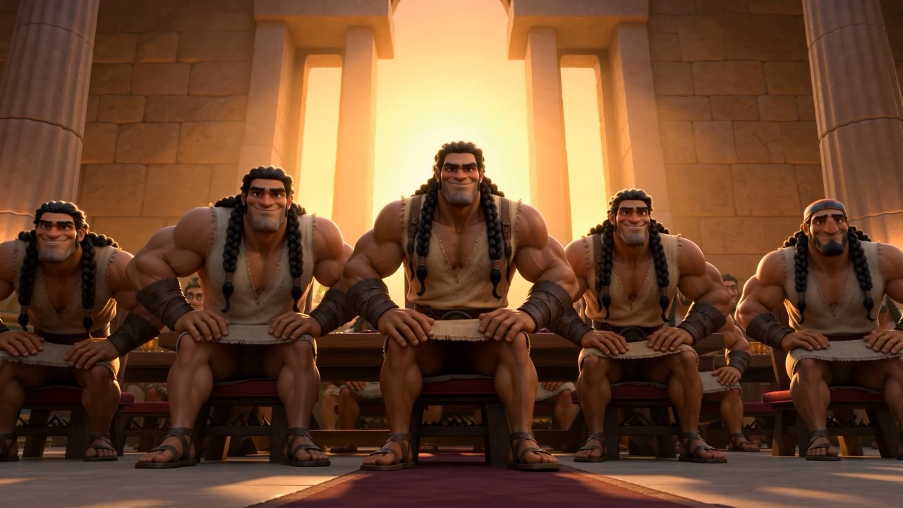 The companions stand up together, triumphant