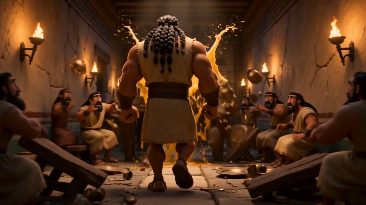 He sweeps out through the hall, benches flying