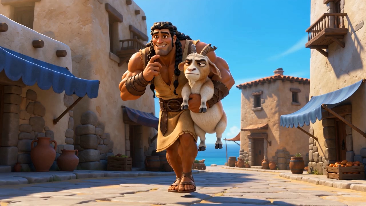Later he comes back up the street with a young goat under his arm