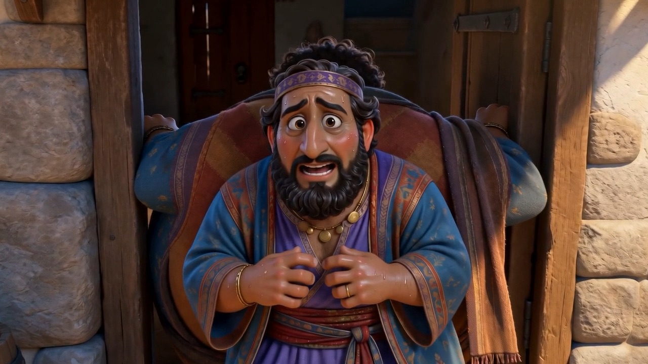 His father-in-law blocks the doorway, sweating
