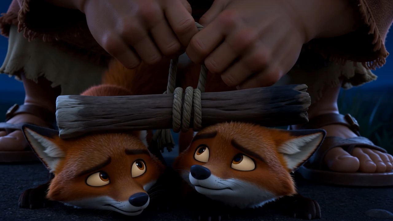 He ties two tails together with a torch between them