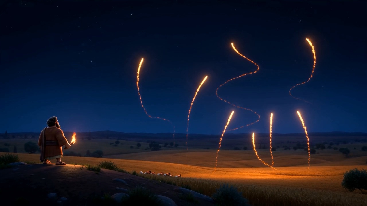 Sparks scatter away across a dark field