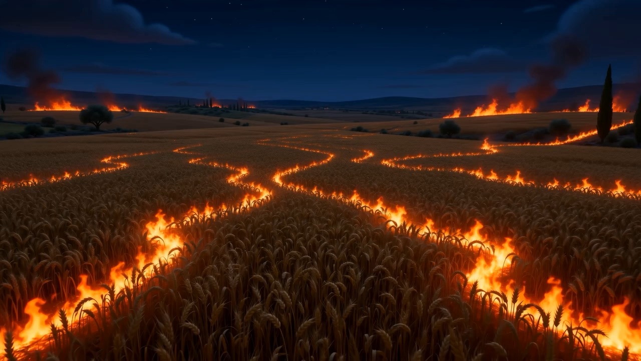 Lines of fire race through standing grain