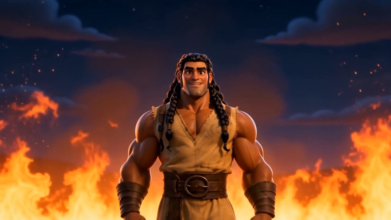 Samson stands in front of the burning fields