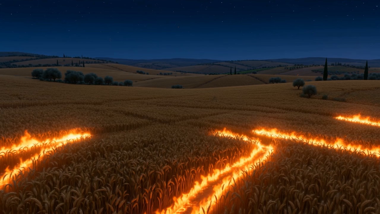 From above: burning threads criss-cross the whole valley
