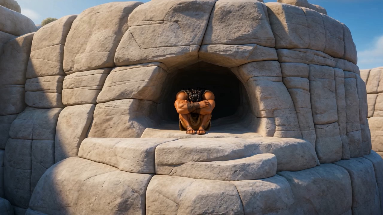 Samson sits alone in a cleft high in the rock of Etam