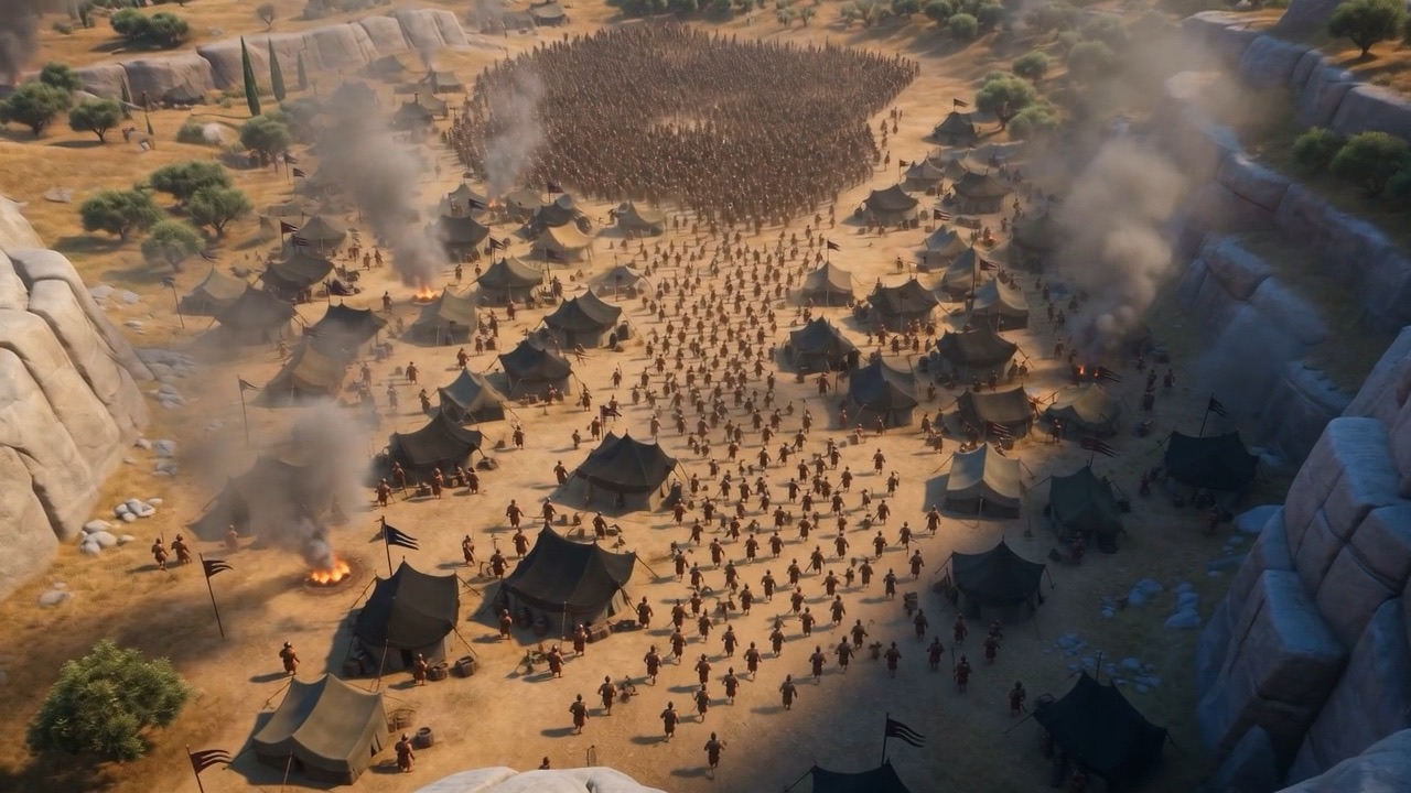 Far below, an army camps across the whole valley