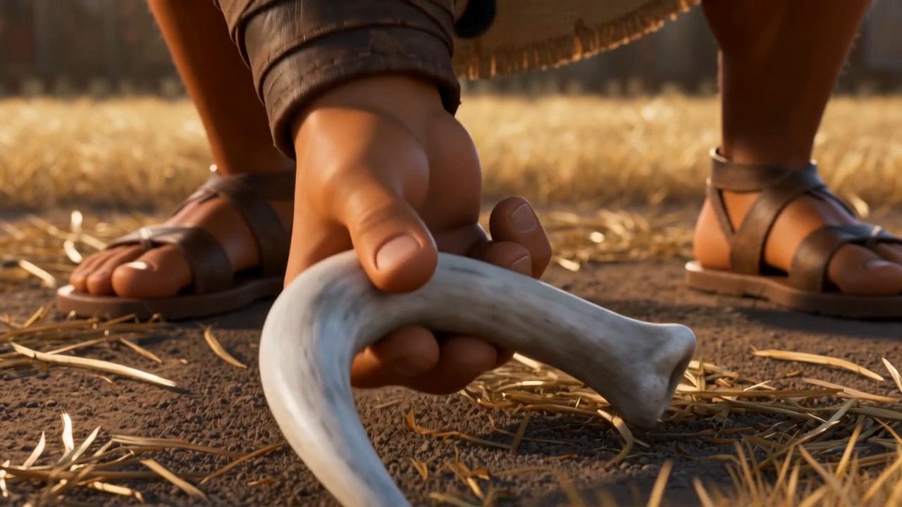 His hand closes on a bleached donkey's jawbone in the grass