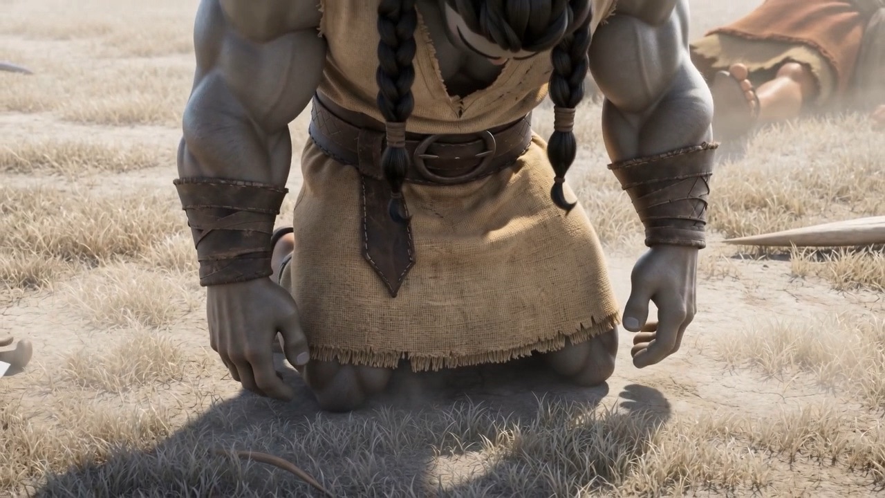 On all fours in the dust, suddenly just a man