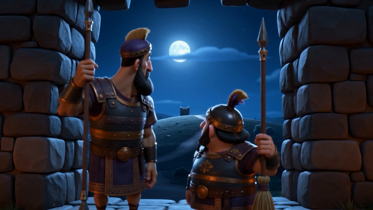 Two guards stare at an empty gateway, entirely out of ideas