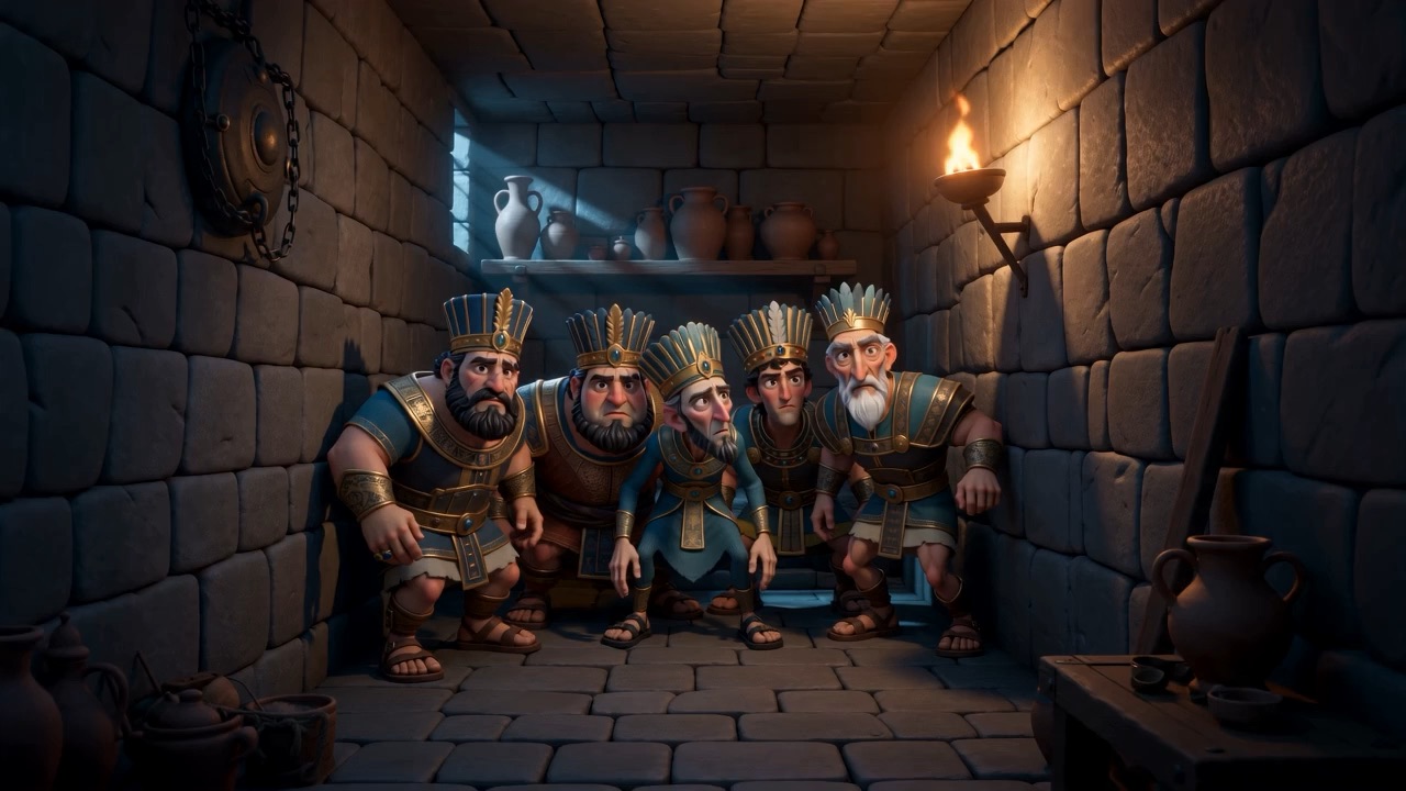Five crowned lords wait in a low stone room