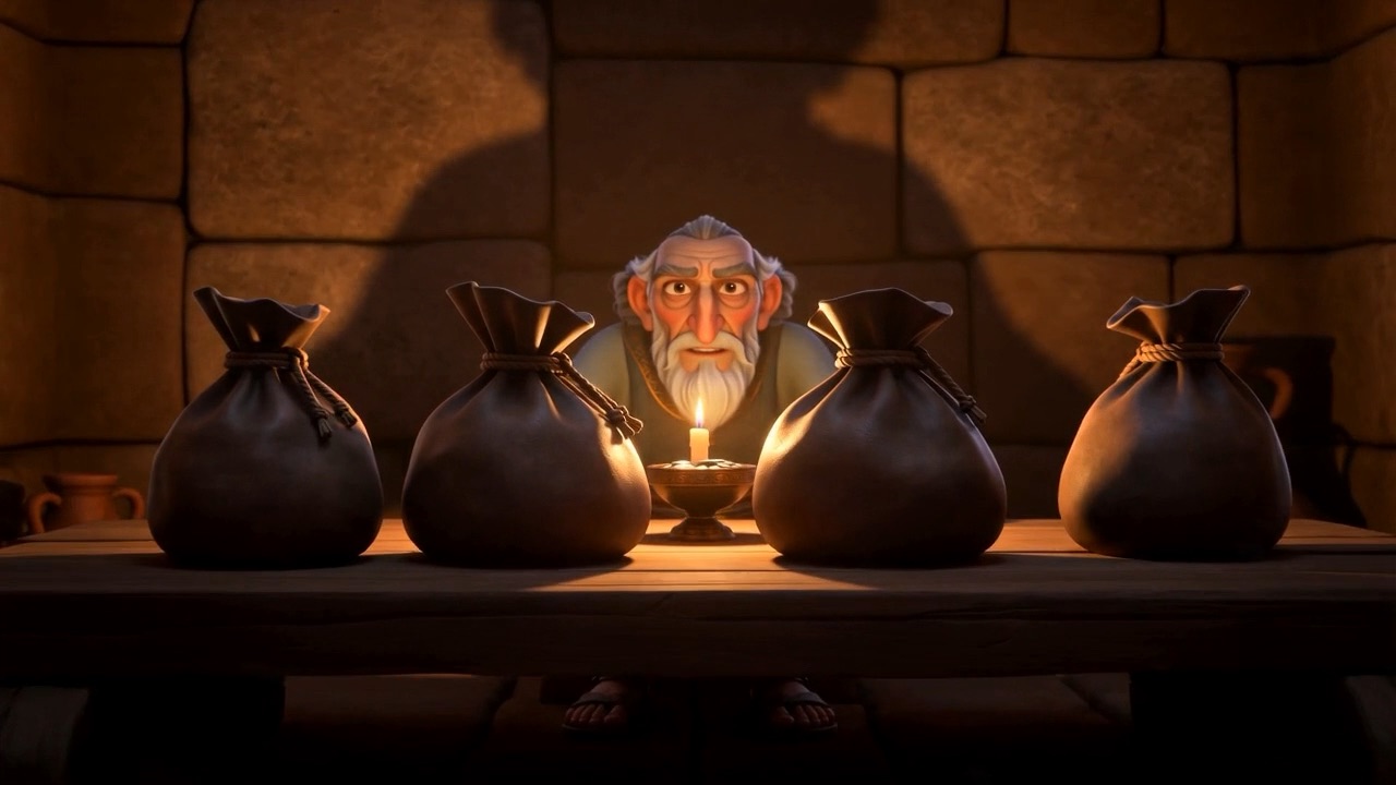 Heavy bags of silver set out on a table by candlelight