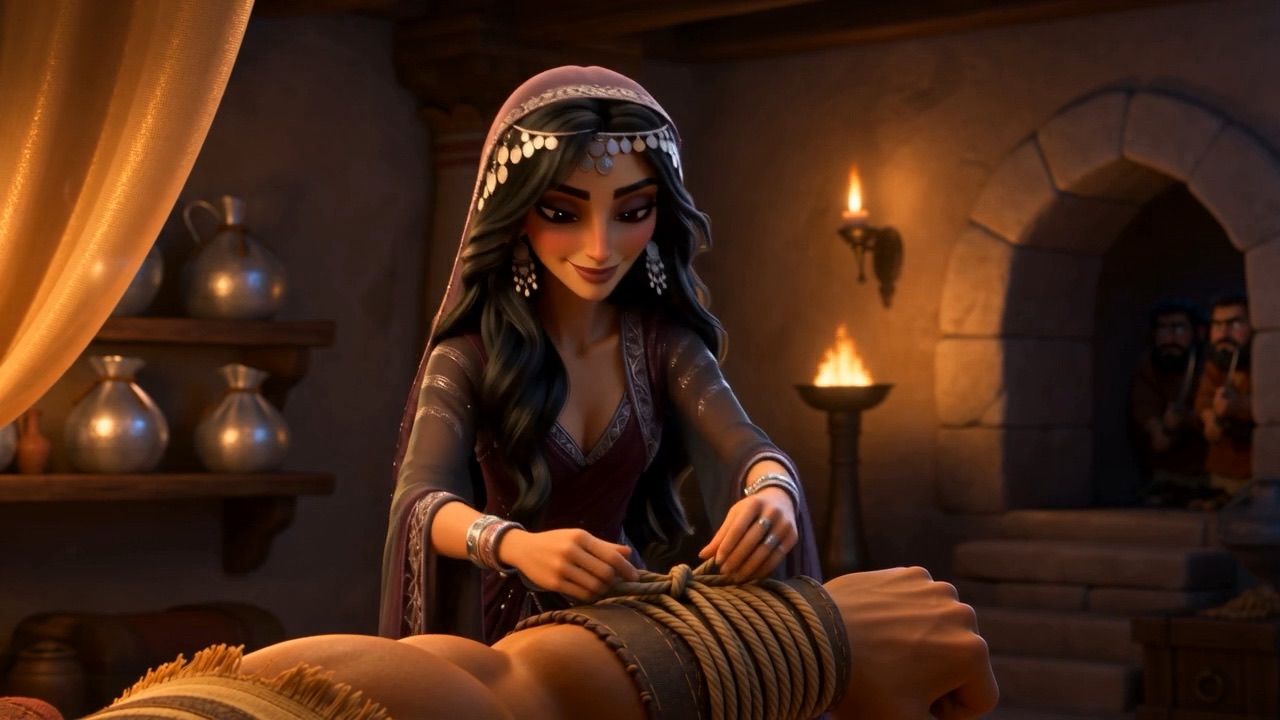 She works the knots carefully, watching his face