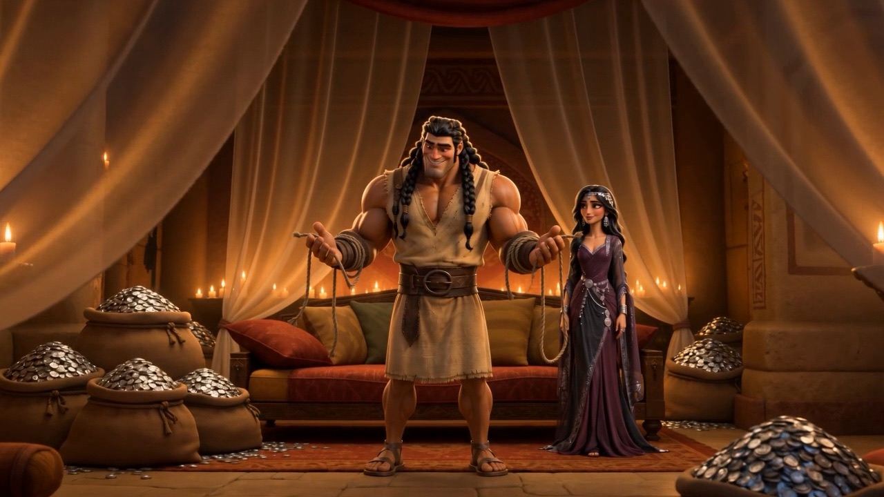 He stands in the middle of the room, ropes hanging off him in pieces
