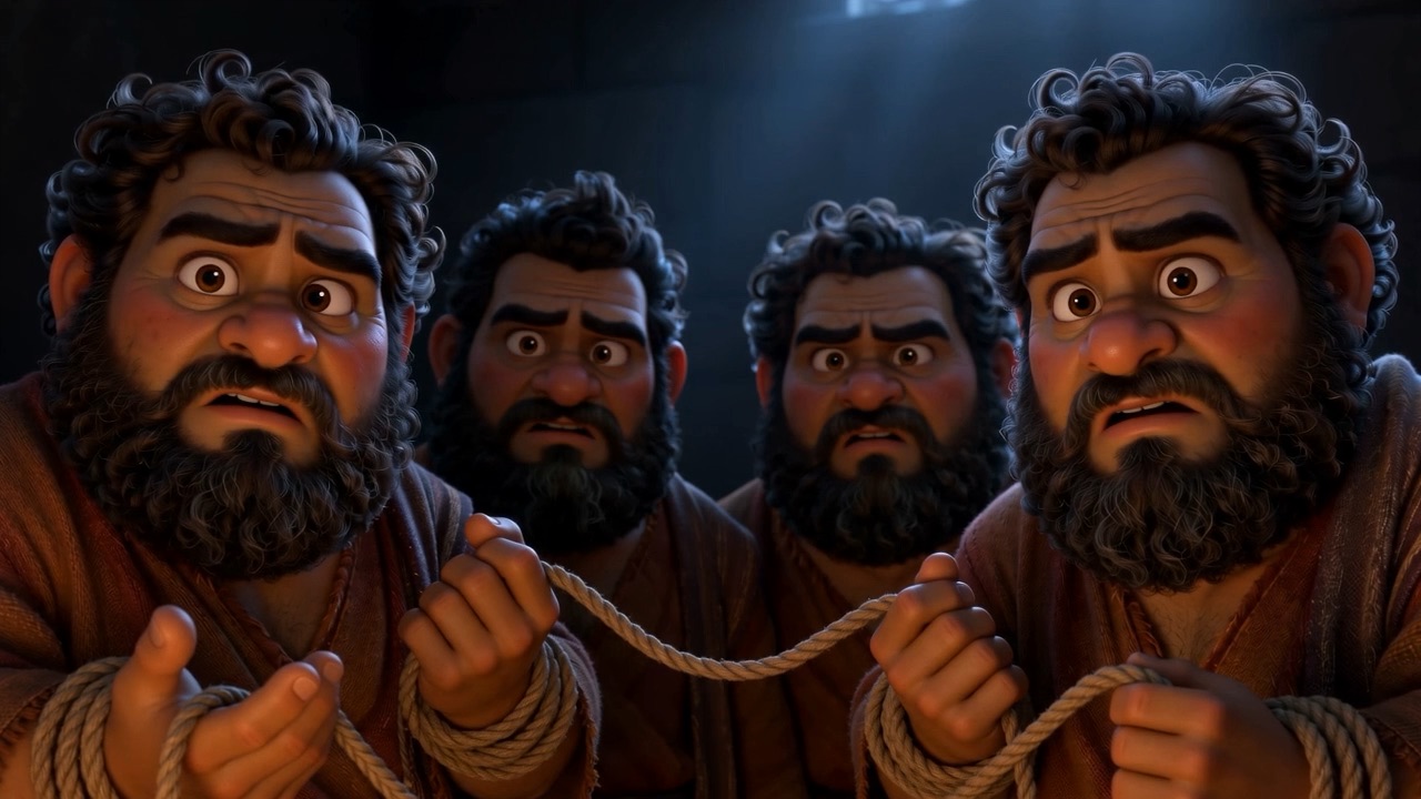 Men hand over thick new rope, still stiff from the maker