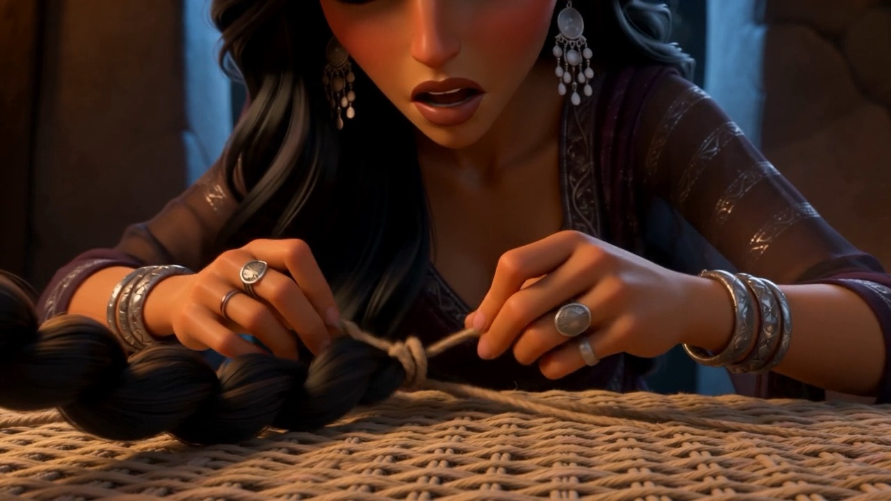 Her hands weave his seven braids into the web